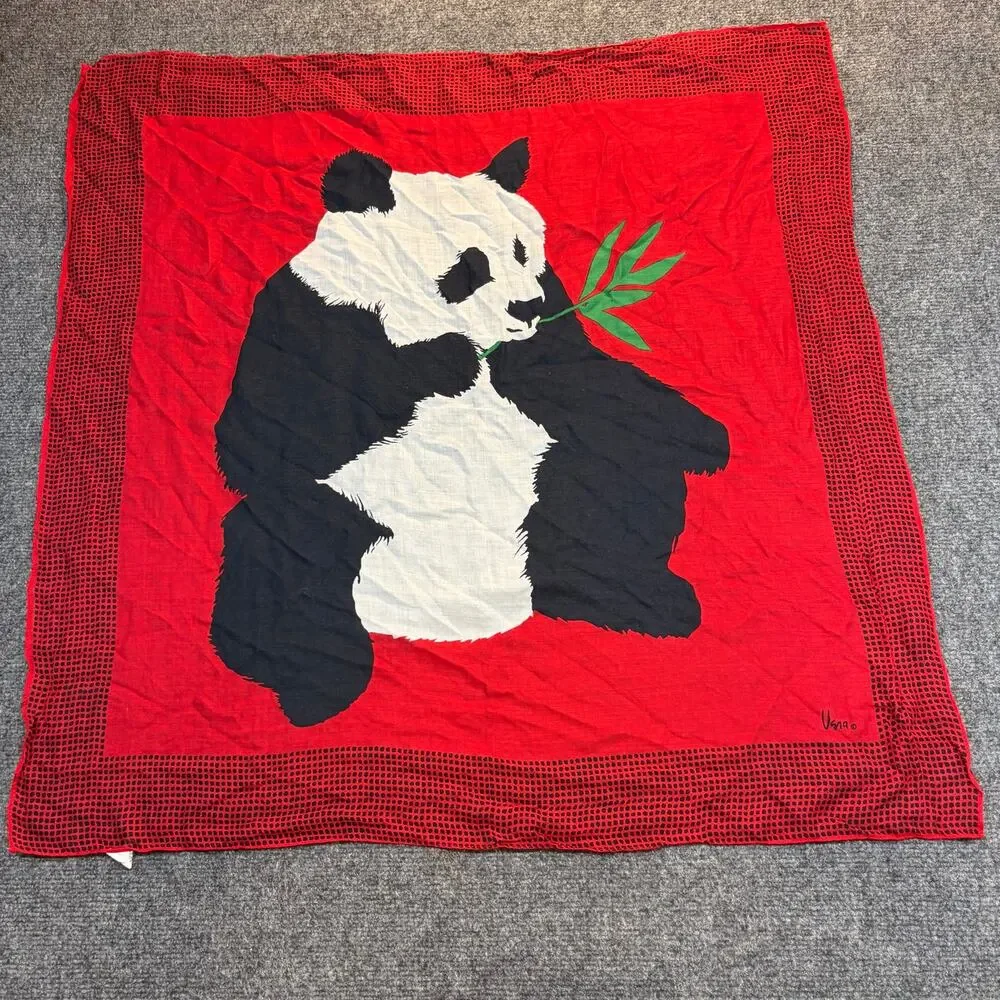 Vintage 70s Vera Neumann Red Black Panda Bear Print Square Scarf Rayon Novelty
